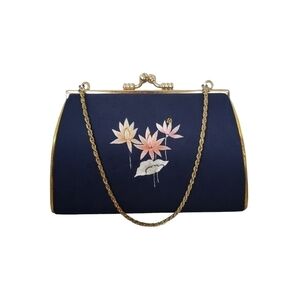 Satin Clutch Asian Inspired Lotus Embroidery Chain Strap Red Lined